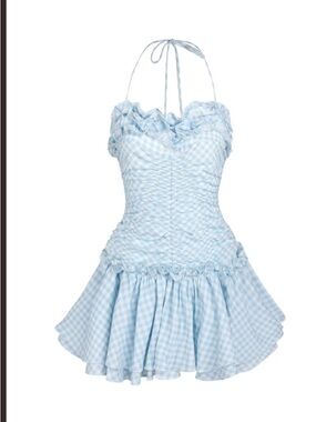 Selkie Light Blue Gingham Ruffled Halter Swim Dress